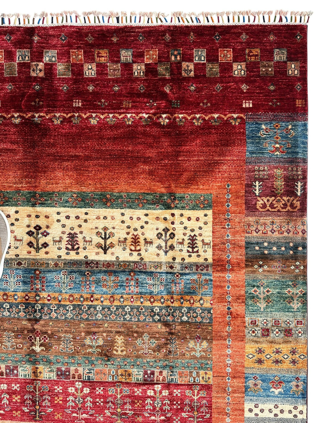 Afghan Khorjin Rug 7' x 9'10", Hand-Knotted Wool, Blue, Gold & Red, view 5