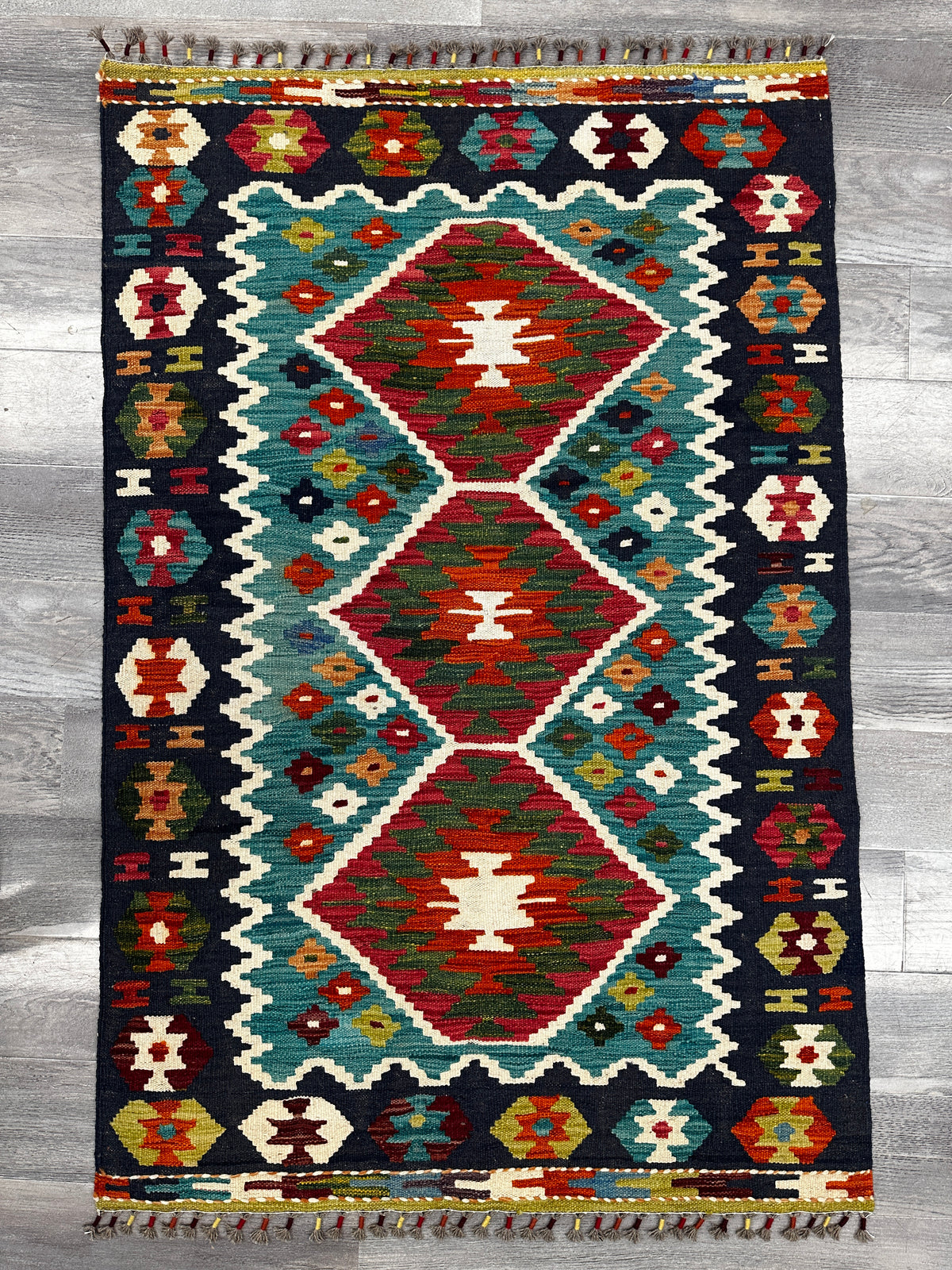Afghan Kilim Rug 3x5, Navy, Teal & Red, Hand-Woven Wool Flatweave, view 2