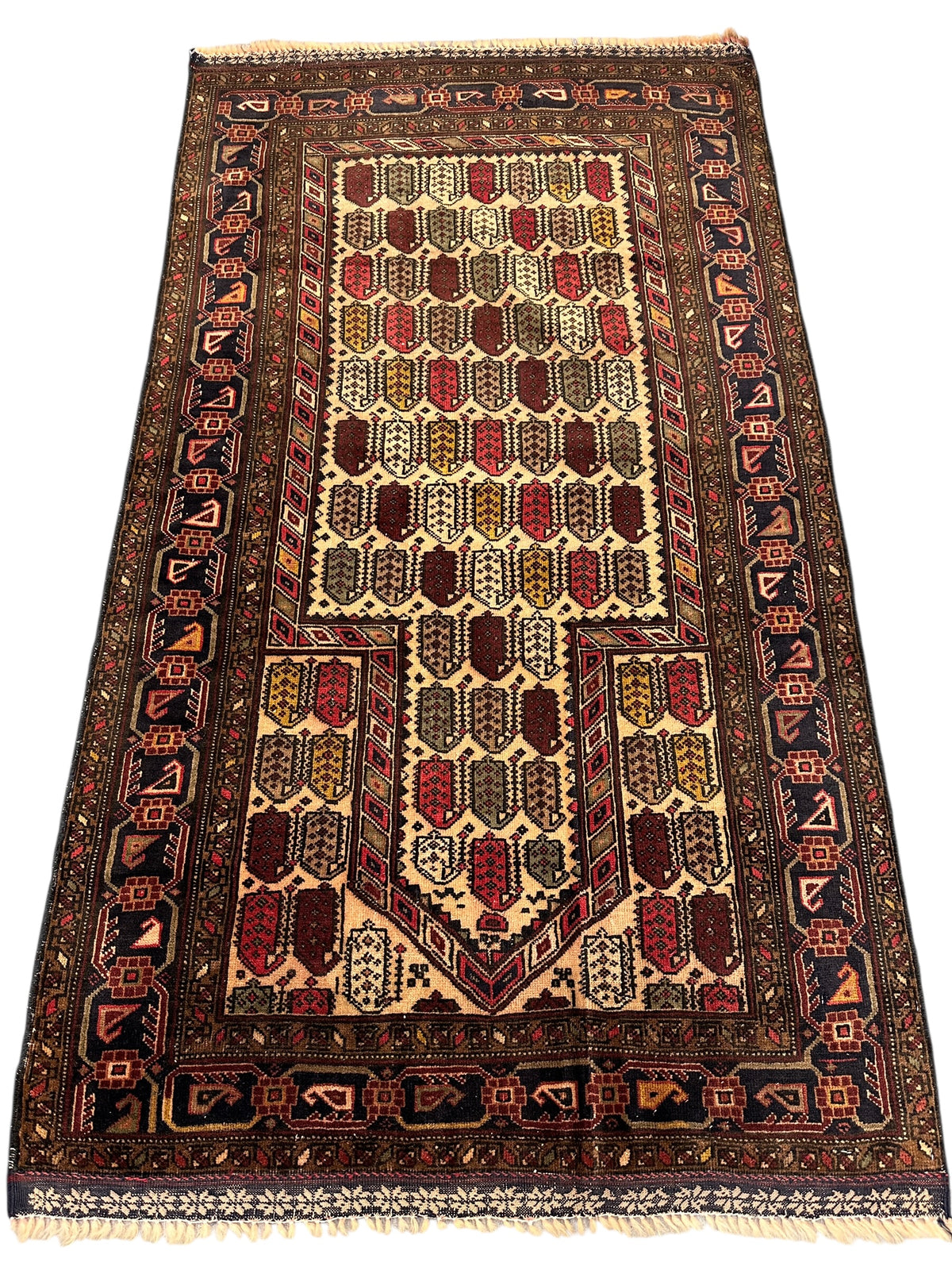 Afghan Baluch Prayer Rug 3x5 | Beige, Brown & Burgundy | Hand-Knotted Wool | View 3