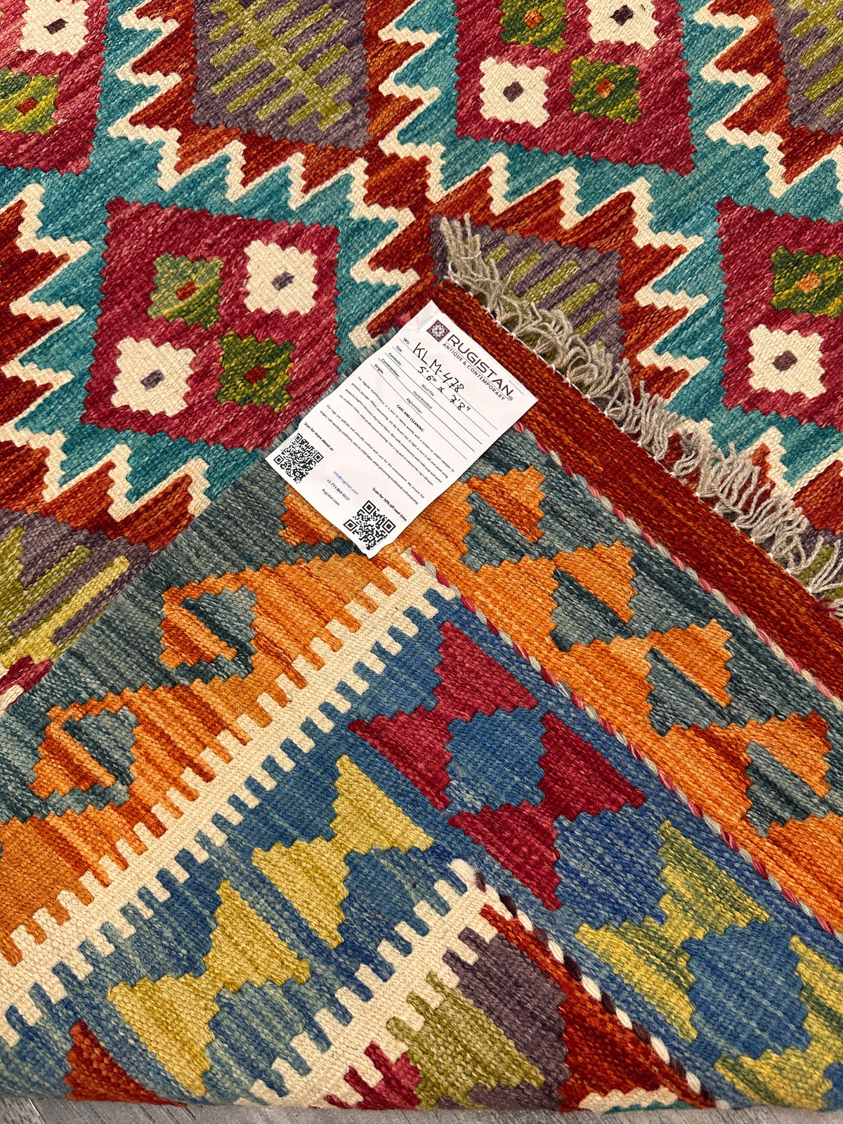 Afghan Kilim Rug 6x8, Red, Teal & Orange, Hand-Woven Wool Flatweave, view 6