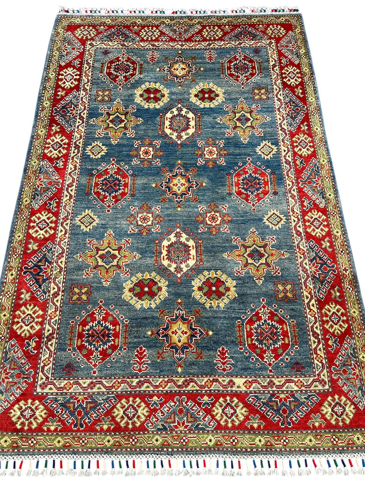 Afghan Kazak Rug 3'11" x 5'11", Hand-Knotted Wool, Blue, Red & Cream, view 2