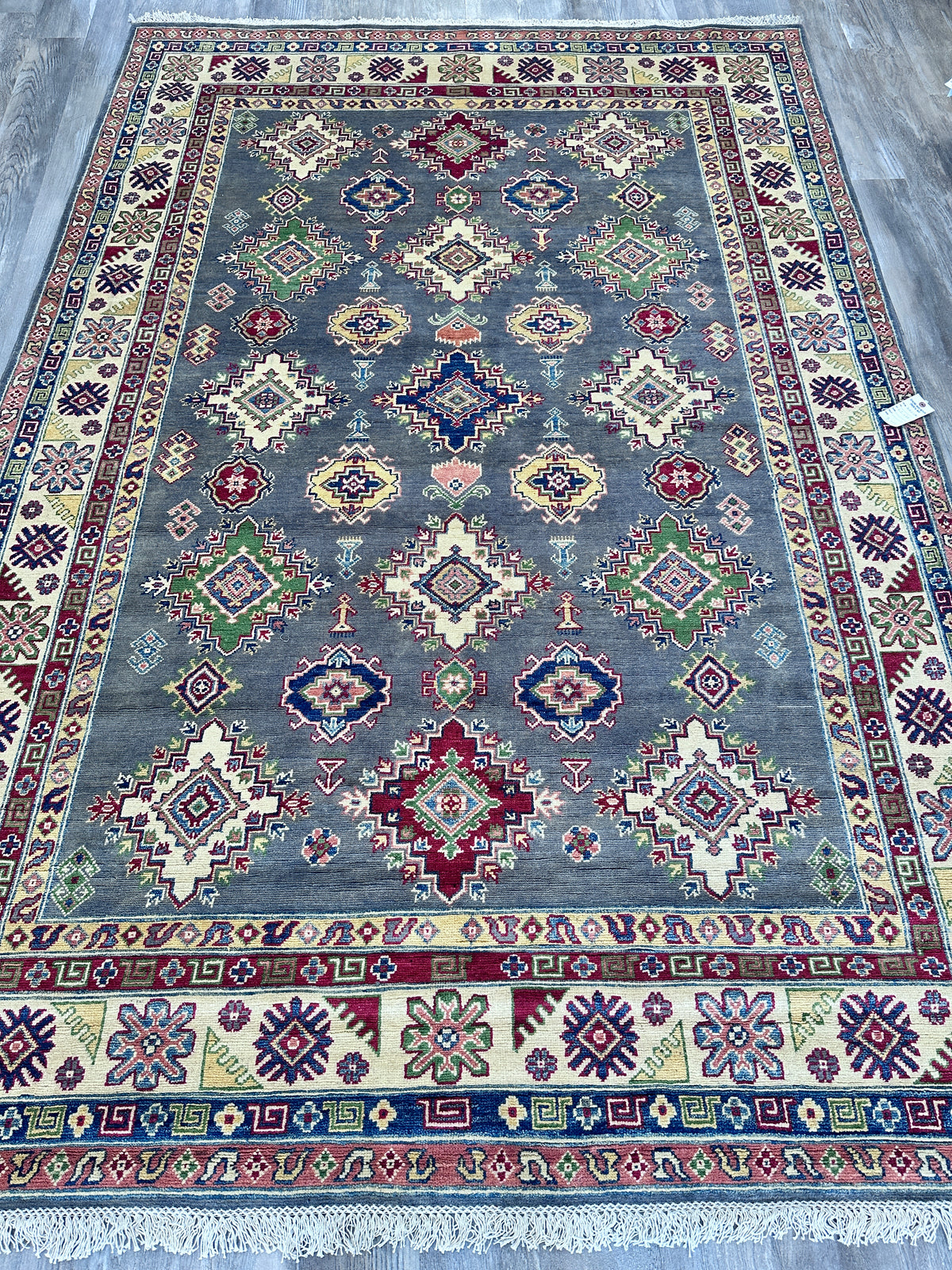 Afghan Kazak Rug 6'7" x 9'9", Hand-Knotted Wool, Gray, Blue & Red, view 3
