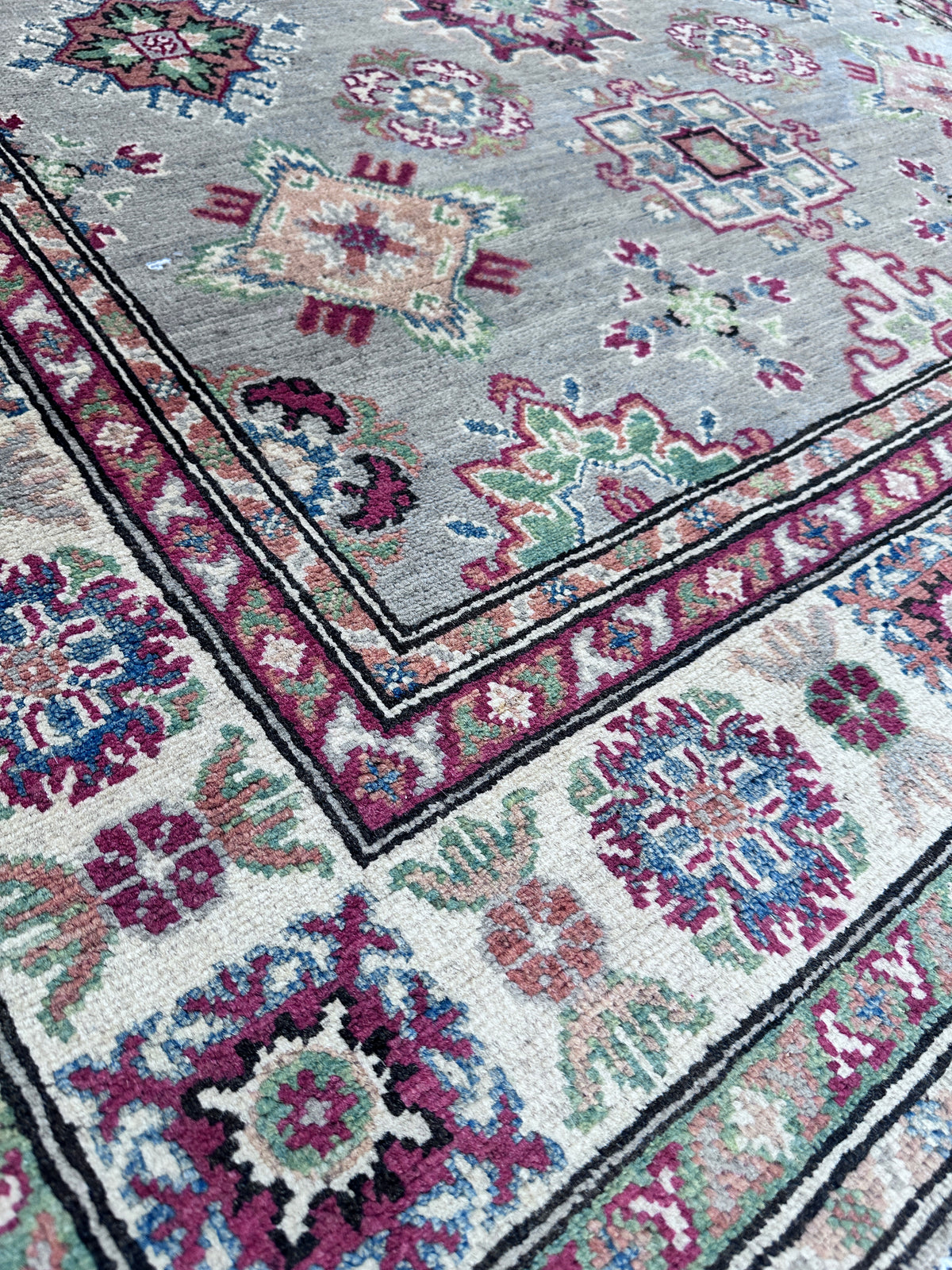 Afghan Kazak Rug 5x7, Gray, Ivory & Burgundy, Hand-Knotted Wool, view 5