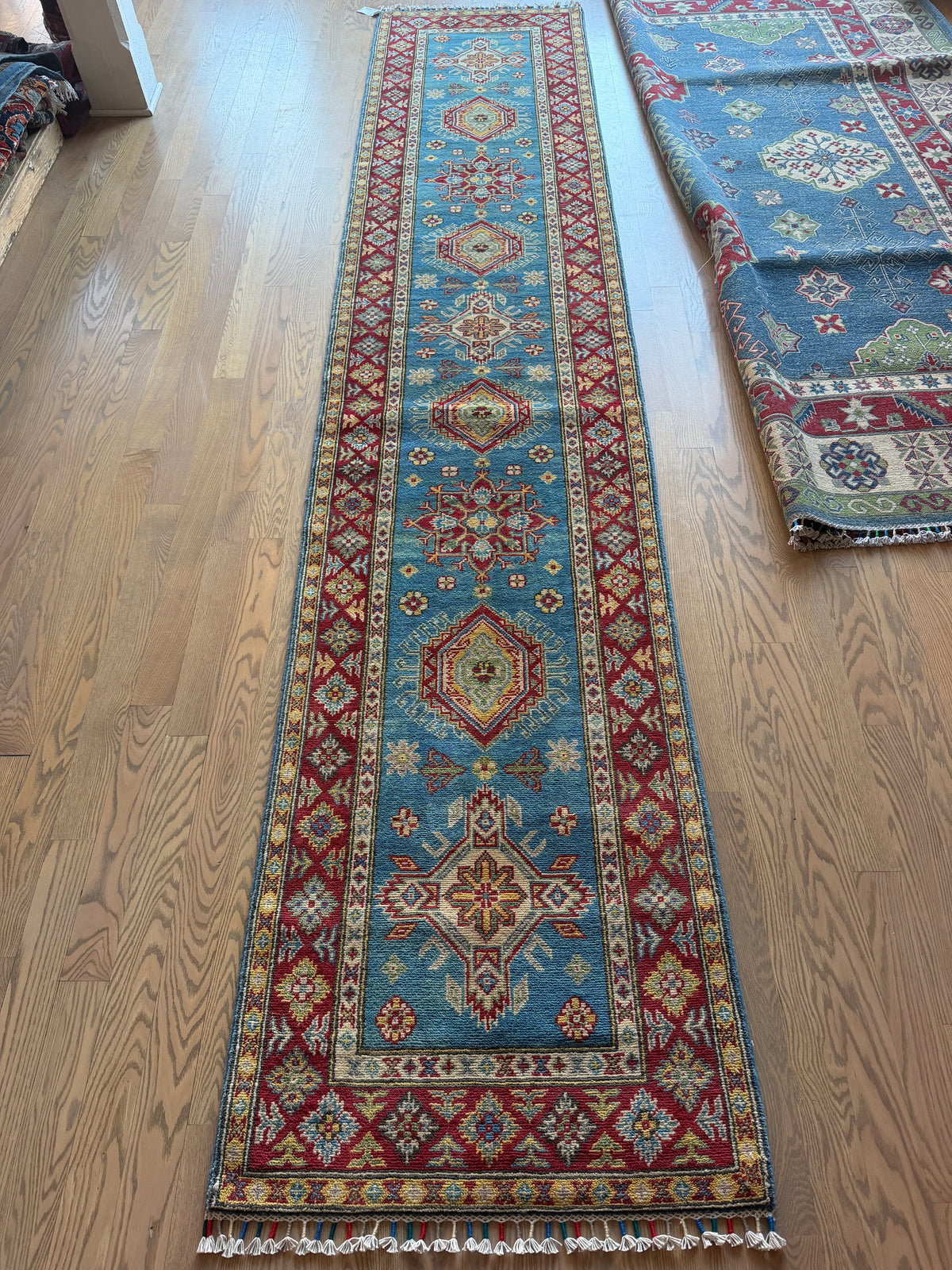 Afghan Kazak Hand-Knotted Wool Runner Rug - Sky Blue & Red