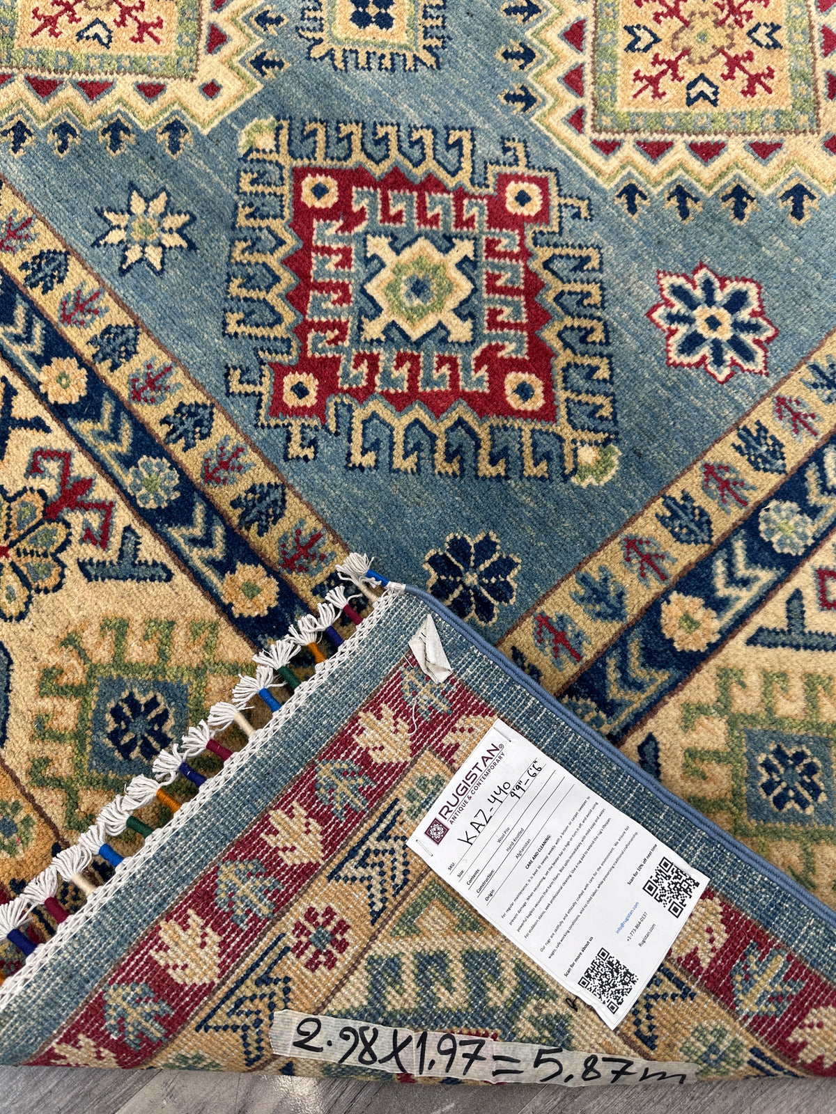 Afghan Kazak Rug 7x10, Light Blue, Ivory & Red, Hand-Knotted Wool, view 9