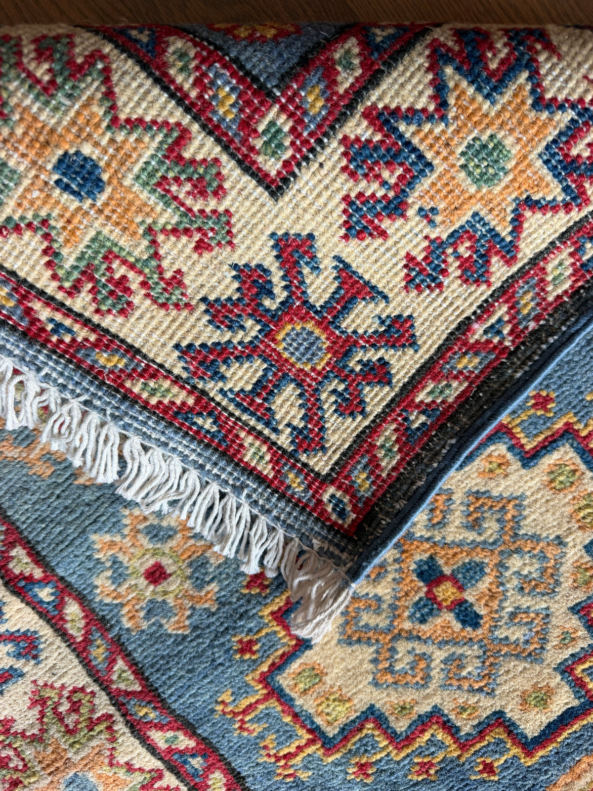 Afghan Kazak Runner 2x6 | Blue, Ivory & Red | Hand-Knotted Wool