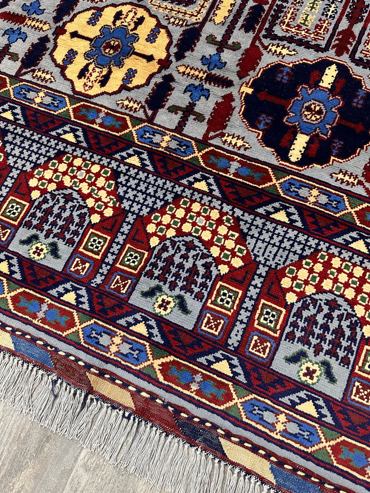 Afghan Gandom Rug 8'2" x 11'6", Hand-Knotted Wool, Red, Beige & Navy, view 9