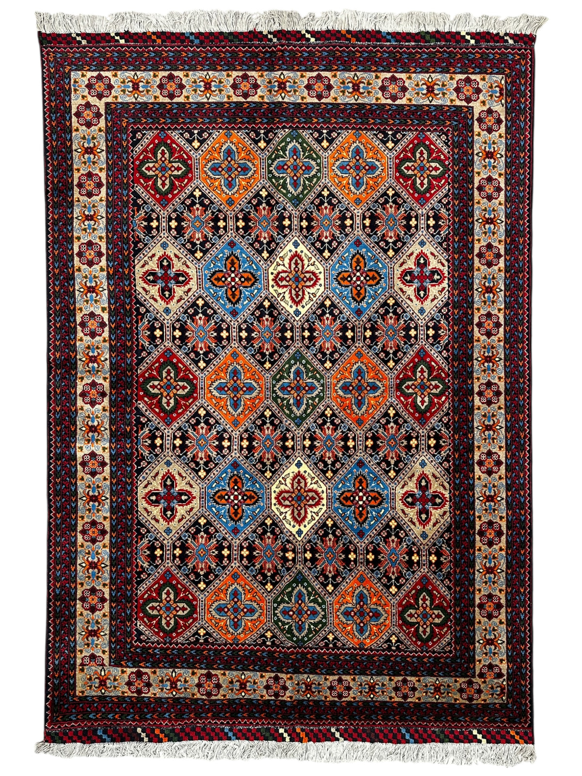 Afghan Kashi Rug 4'9" x 6'7", Hand-Knotted Wool, Blue, Cream & Red