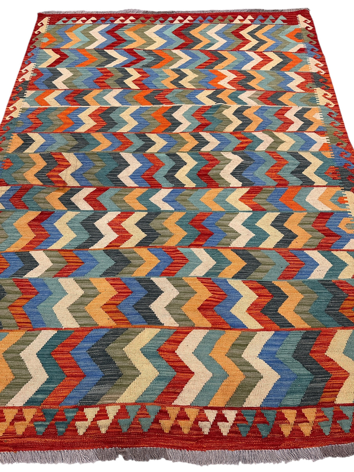 Afghan Kilim Rug 6x8, Red, Blue & Teal, Hand-Woven Wool Flatweave, view 3