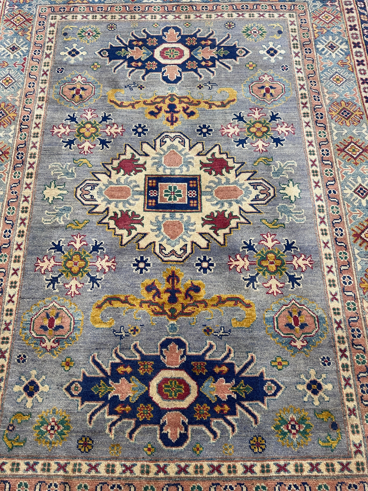 Afghan Kazak Rug 4'11" x 6'11", Hand-Knotted Wool, Gray, Navy & Ivory, view 5