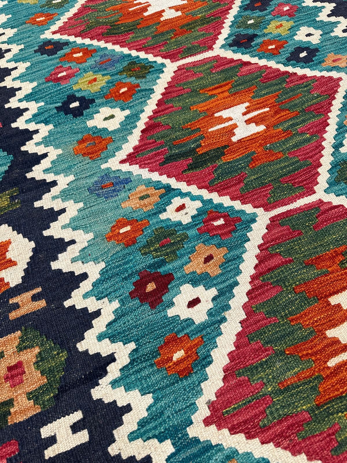 Afghan Kilim Rug 3x5, Navy, Teal & Red, Hand-Woven Wool Flatweave, view 4