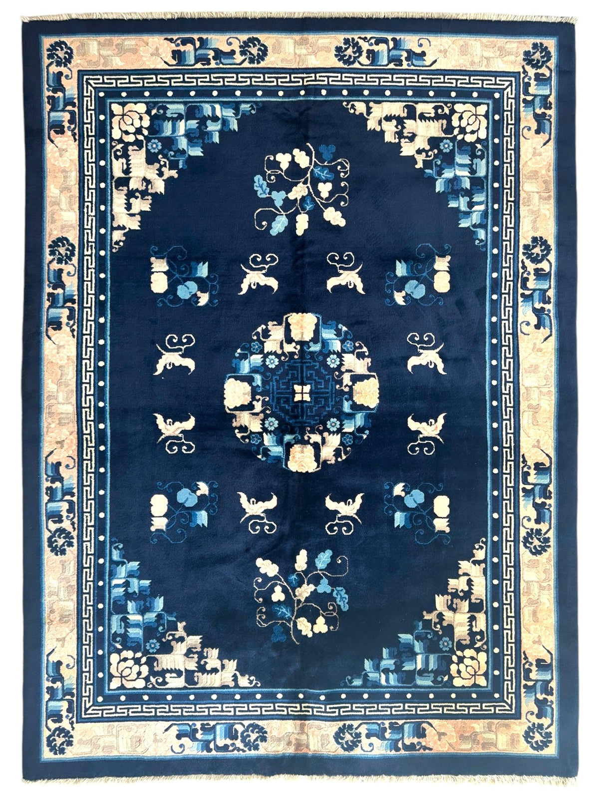 Antique Chinese Rug 5'6" x 7'6", Hand-Knotted Wool, Navy & Cream