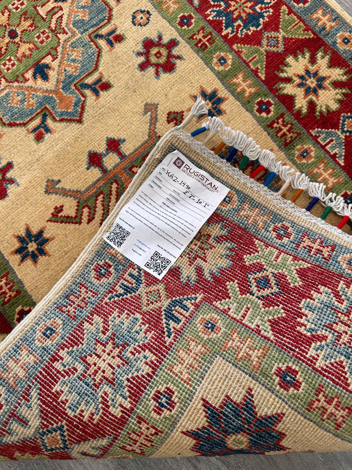 Afghan Kazak Runner 2'7" x 10'1", Hand-Knotted Wool, Cream, Red & Blue, view 6