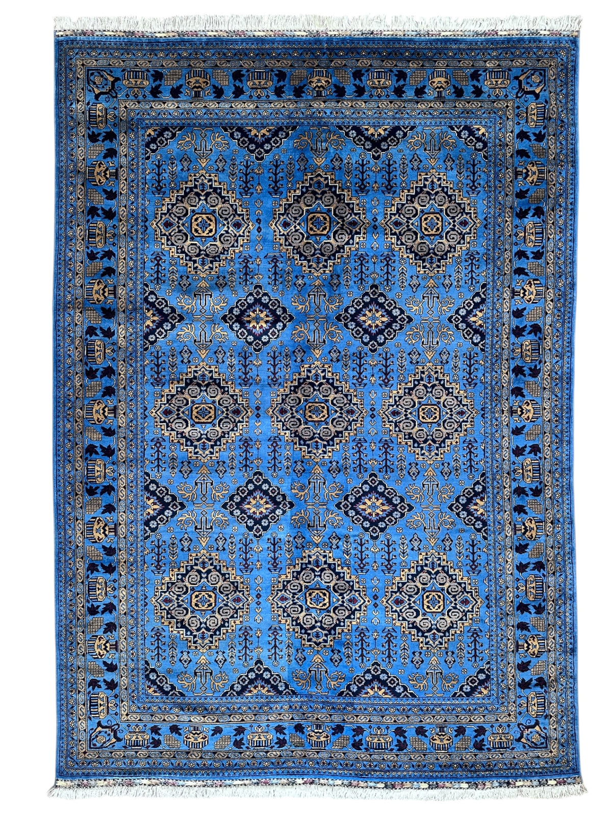 Afghan Zerkhaki Rug 6'7" x 9'9", Hand-Knotted Wool, Blue