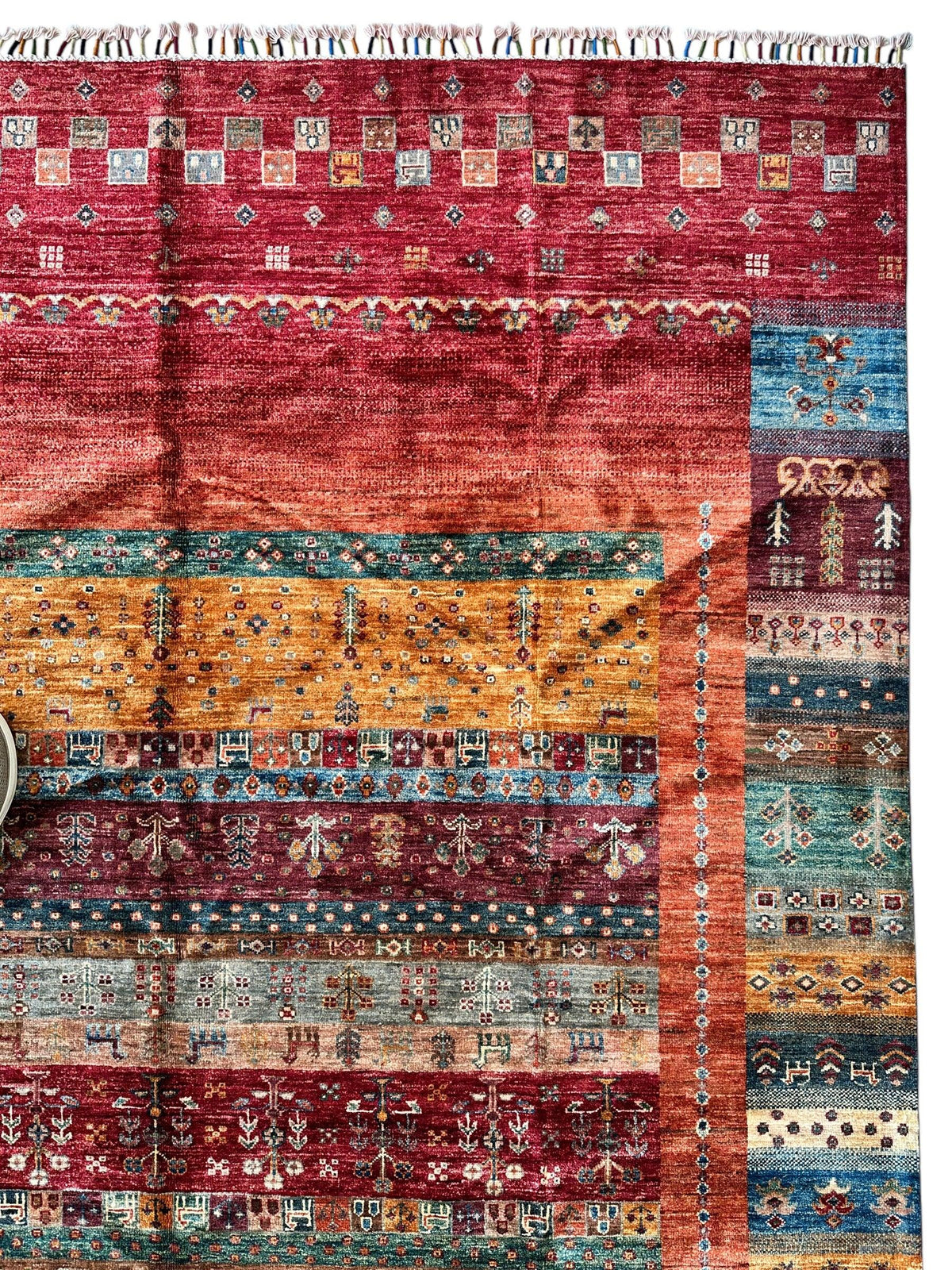 Afghan Khorjin Rug 7' x 9'10", Hand-Knotted Wool, Blue, Gold & Red, view 9