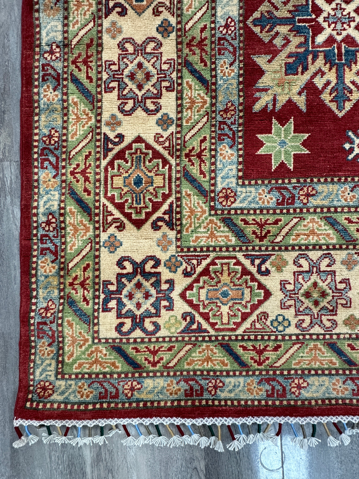 Afghan Kazak Rug 8'10" x 11'11", Hand-Knotted Wool, Cream & Red, view 7