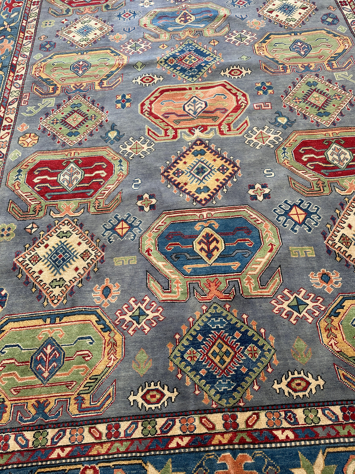 Afghan Kazak Rug 8'3" x 10'8", Hand-Knotted Wool, Navy, Red & Green, view 5