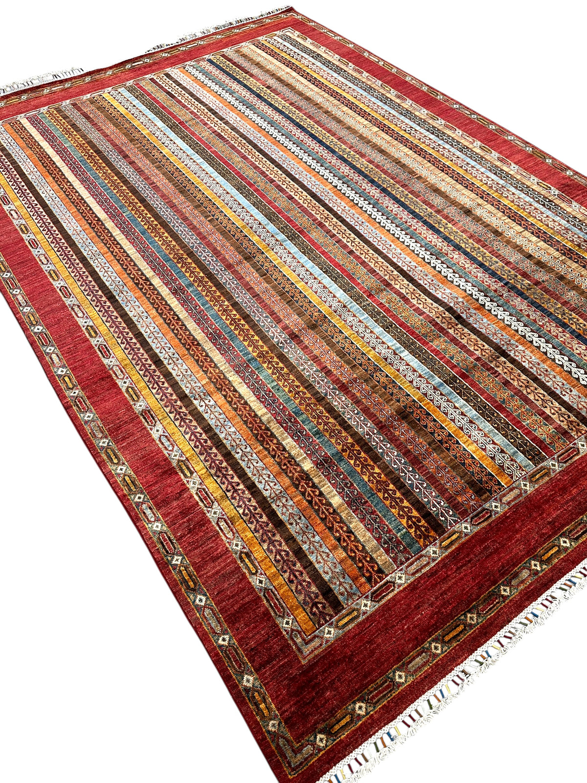 Afghan Khorjin Rug 7'1" x 10'2", Hand-Knotted Wool, Red, Blue & Orange, view 4