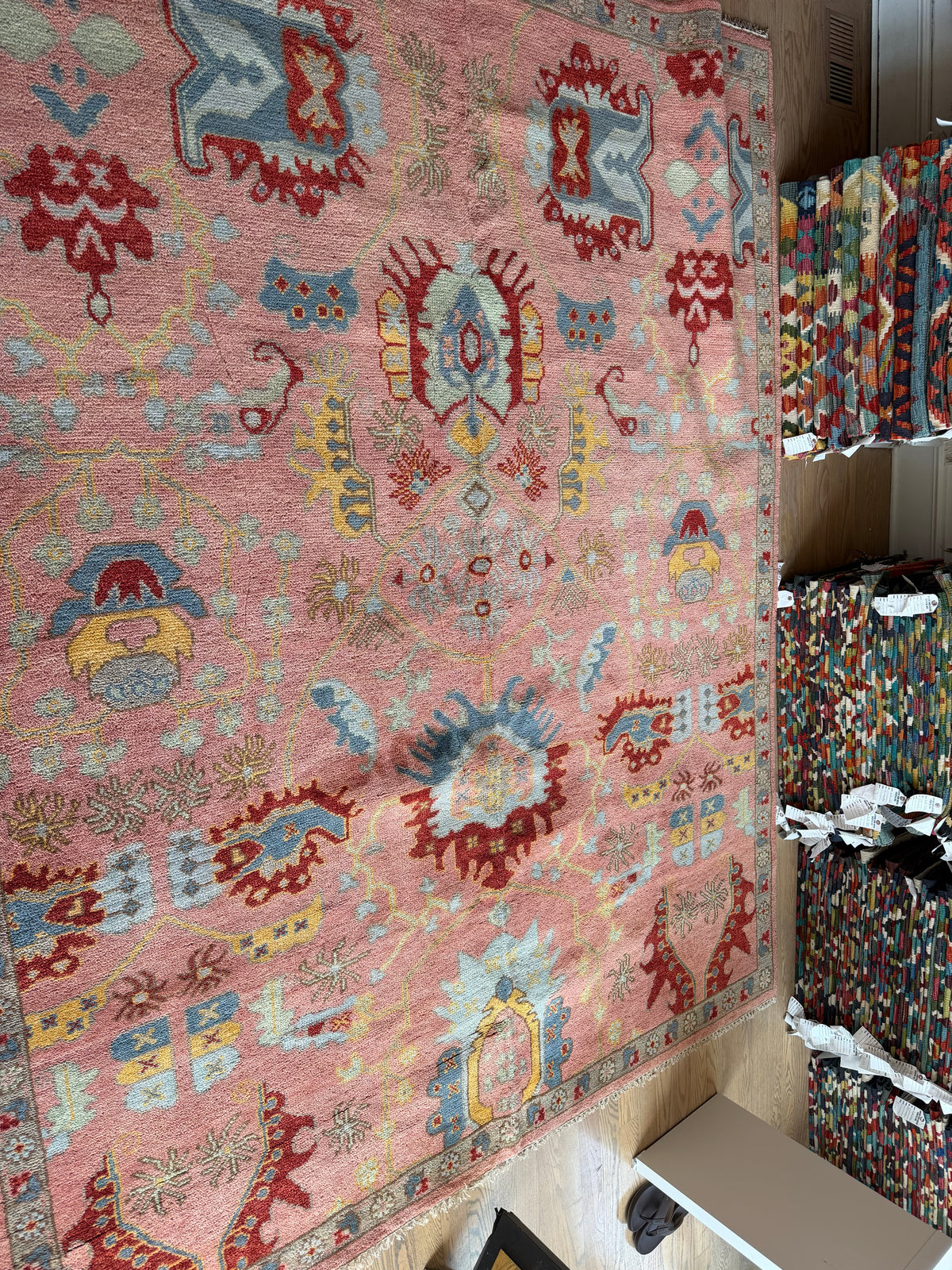 Indo-Oushak Rug 8' x 10', Hand-Knotted Wool & Bamboo Silk, Pink & Blue