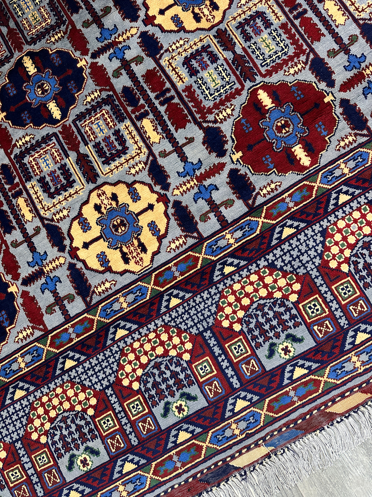 Afghan Gandom Rug 8'2" x 11'6", Hand-Knotted Wool, Red, Beige & Navy, view 7