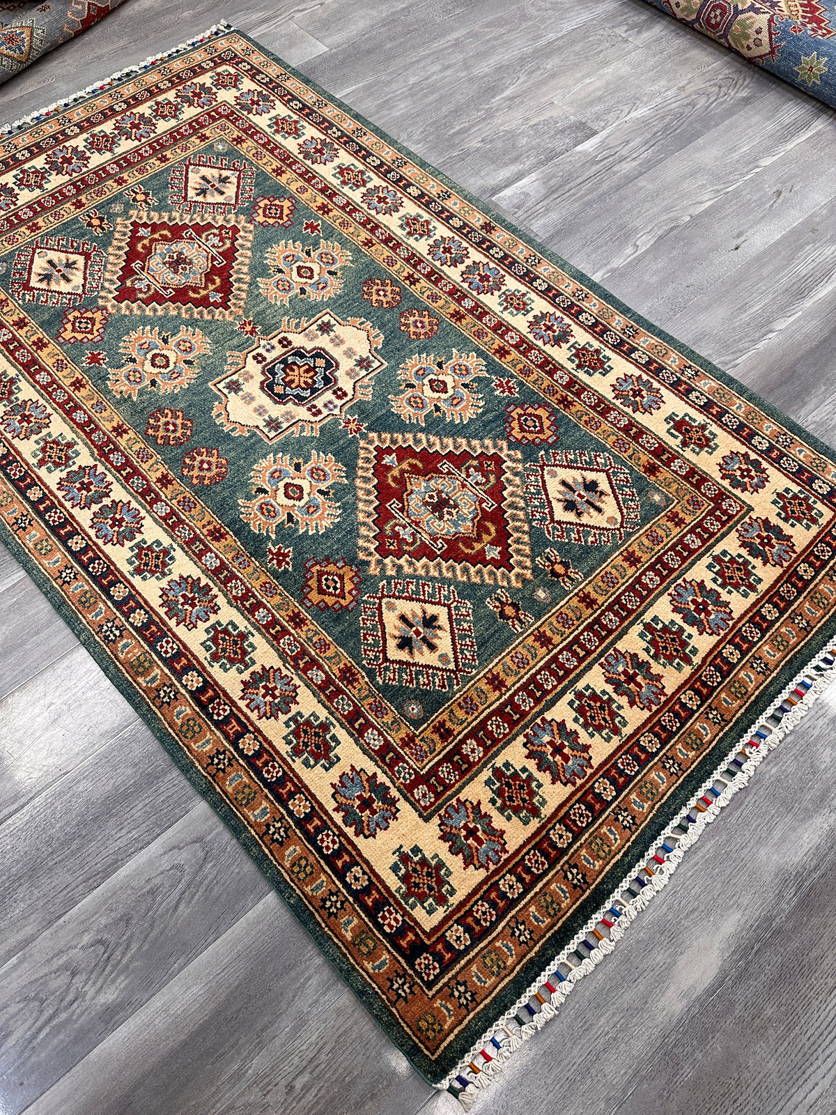 Afghan Kazak Rug 3'10" x 6'4", Hand-Knotted Wool, Teal, Red & Ivory, view 4