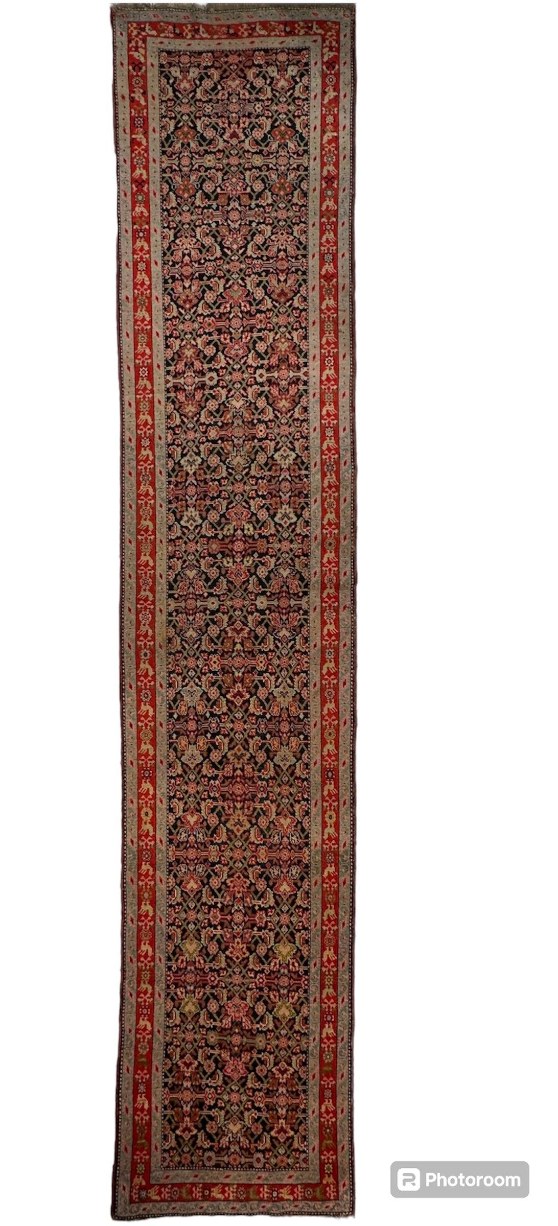 Antique Caucasian Karabakh Runner 3'4" x 17', Hand-Knotted Wool, 1930s, view 4
