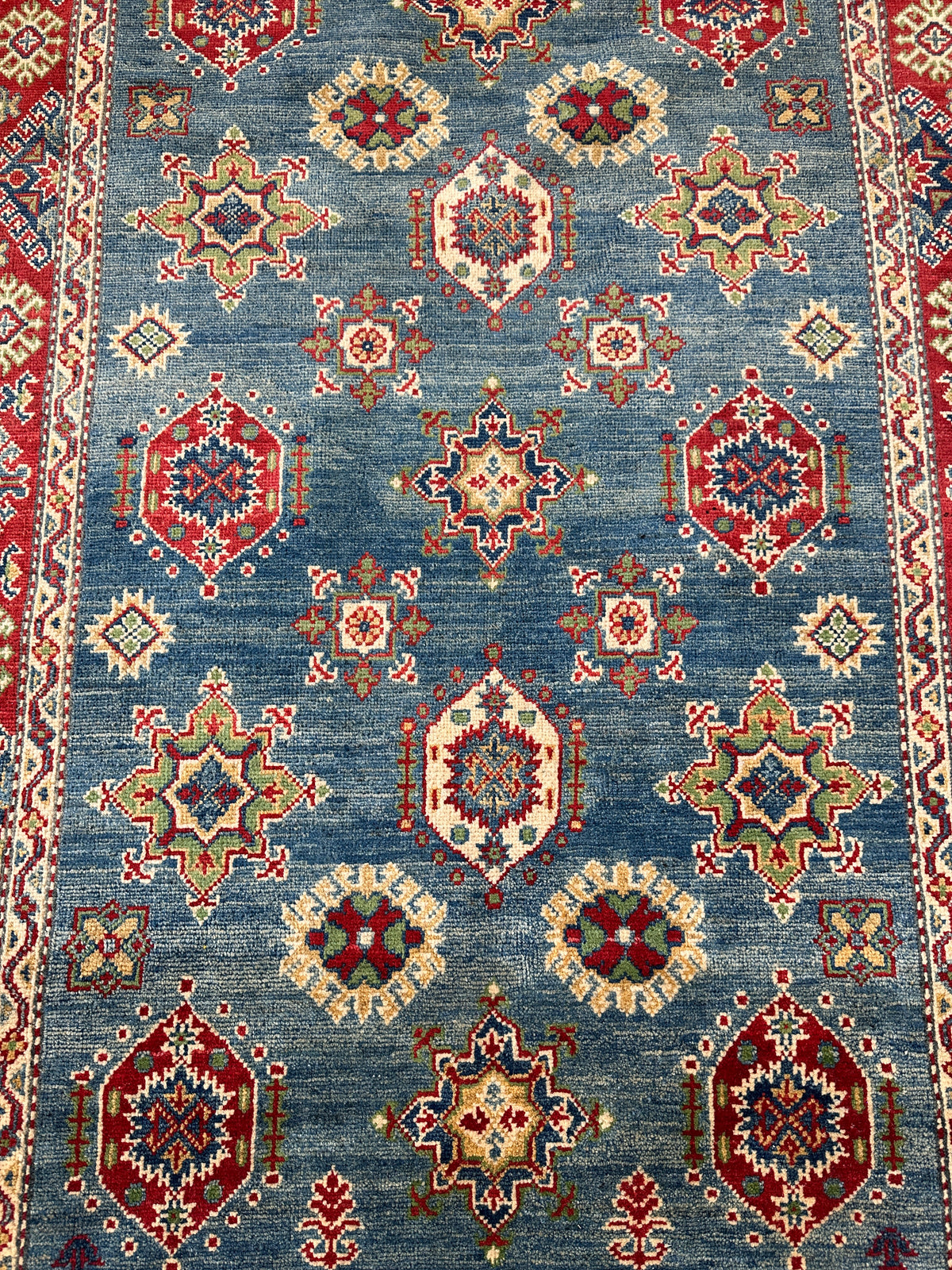 Afghan Kazak Rug 3'11" x 5'11", Hand-Knotted Wool, Blue, Red & Cream, view 4