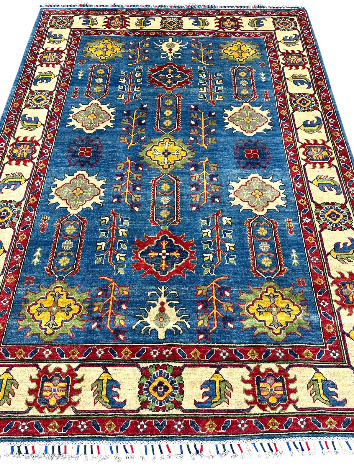 Afghan Kazak Rug 5'6" x 7'7", Hand-Knotted Wool, Blue, Red & Beige, view 2