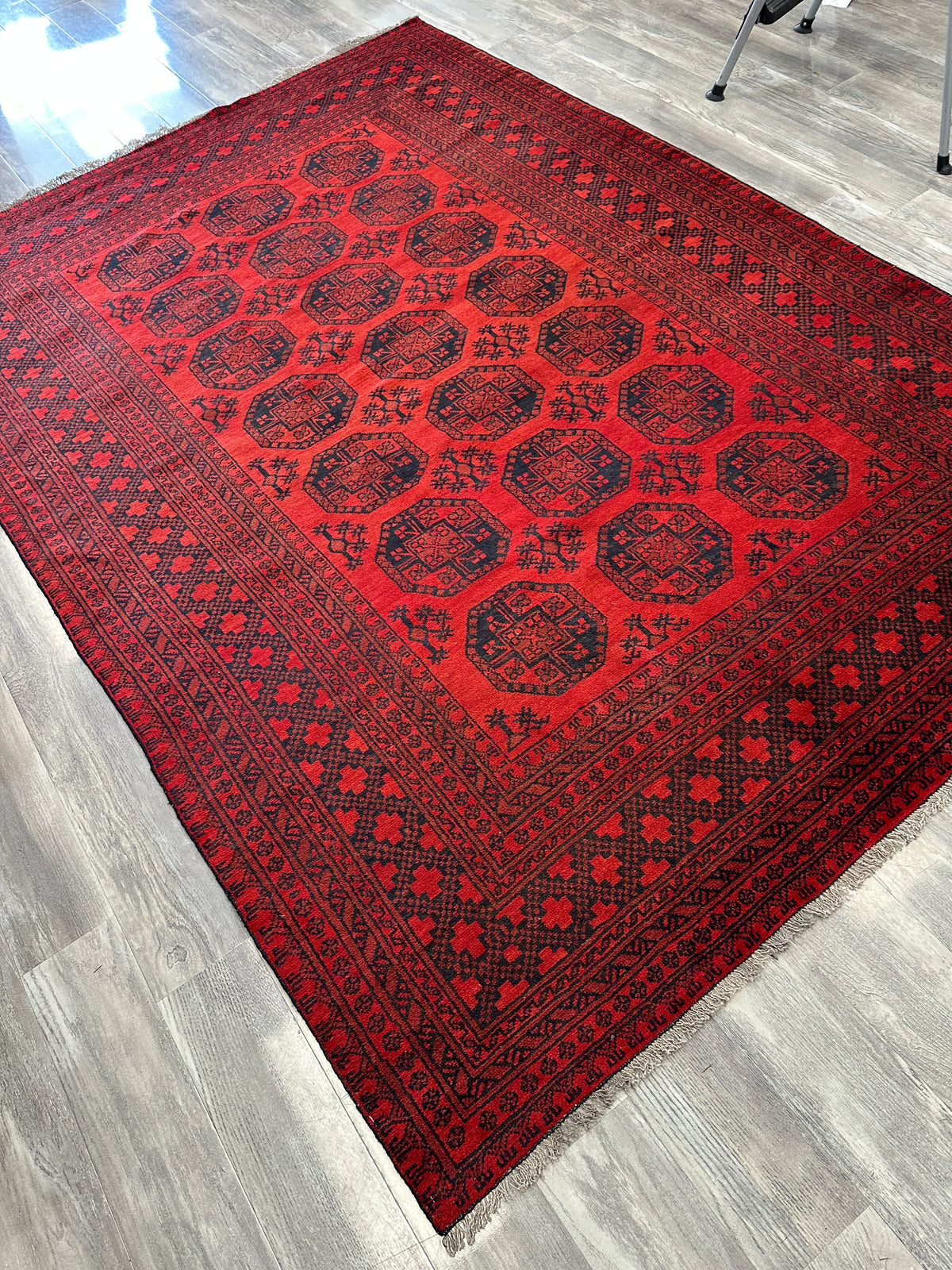 Afghan Bukhara Rug 6'5" x 9'1", Hand-Knotted Wool, Red & Blue, view 5
