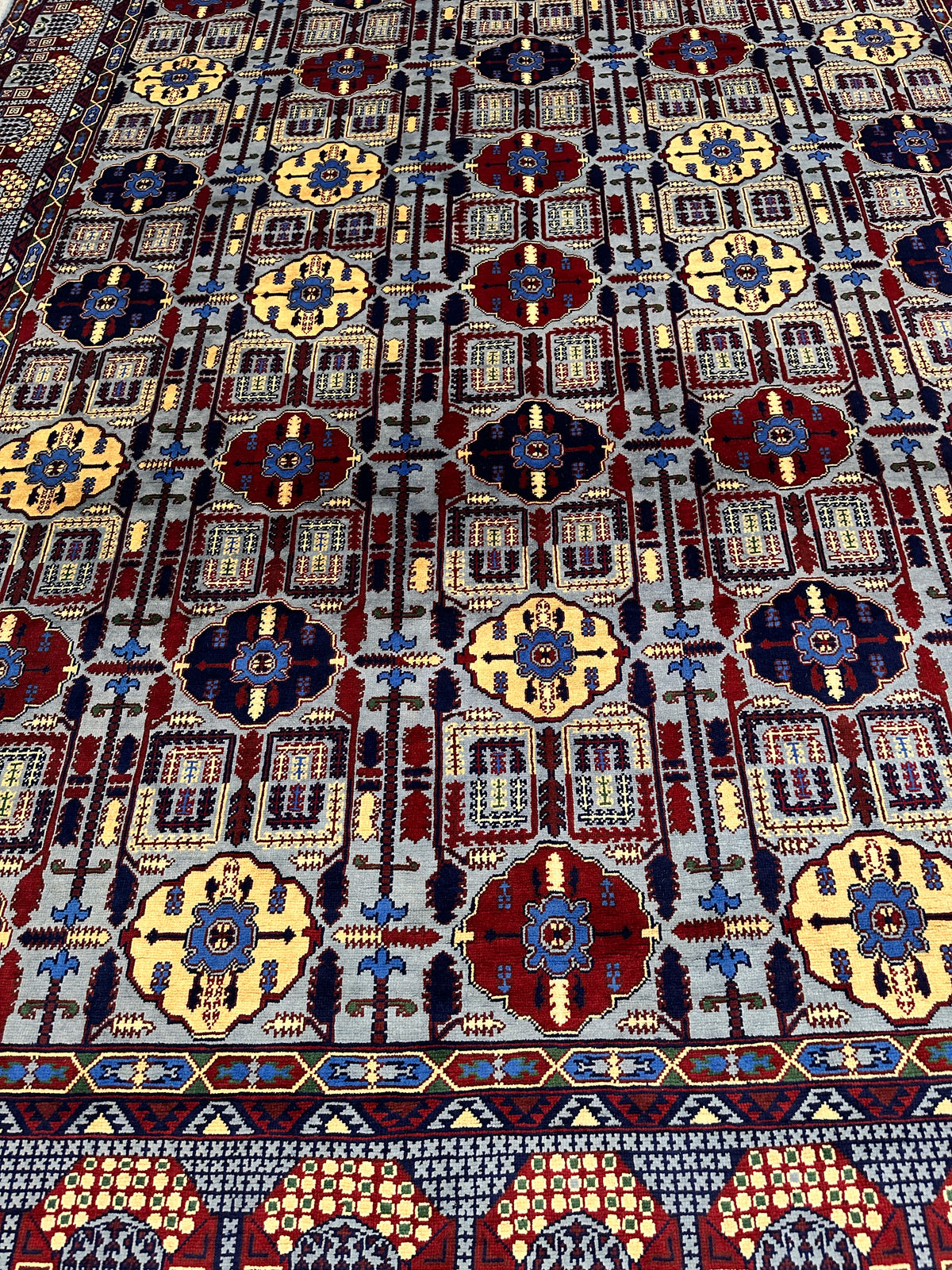 Afghan Gandom Rug 8'2" x 11'6", Hand-Knotted Wool, Red, Beige & Navy, view 5