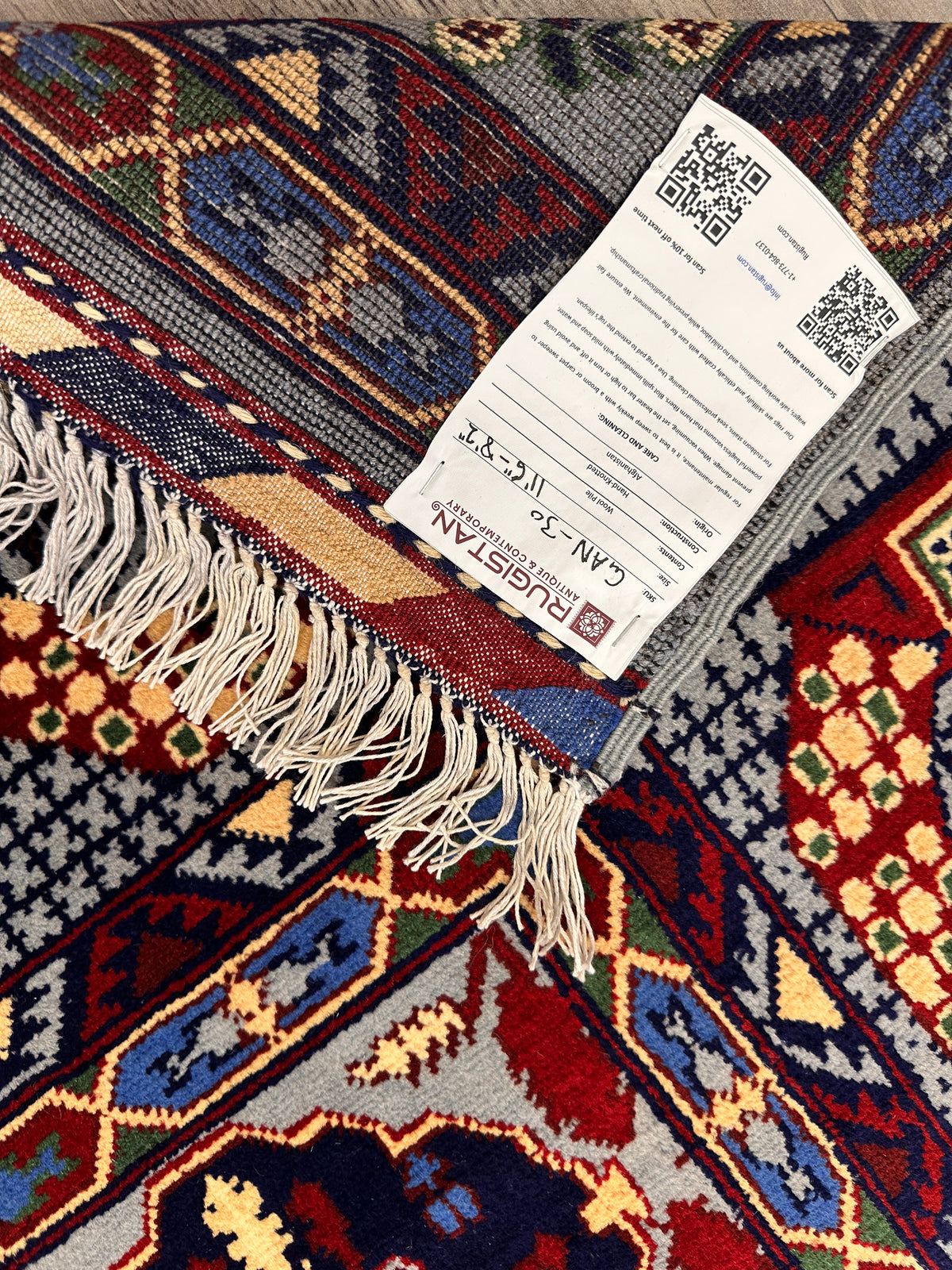 Afghan Gandom Rug 8'2" x 11'6", Hand-Knotted Wool, Red, Beige & Navy, view 10