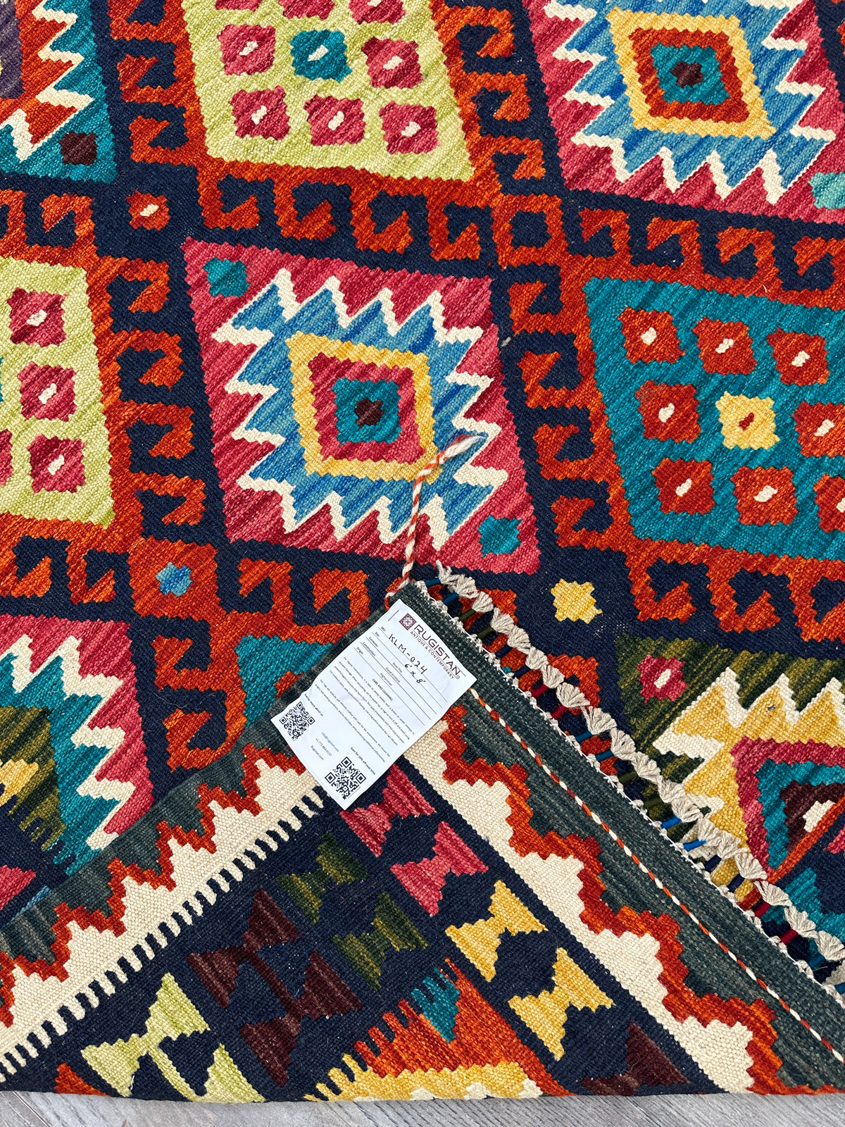 Afghan Kilim Rug 6x8, Rust, Navy & Teal, Hand-Woven Wool Flatweave, view 5