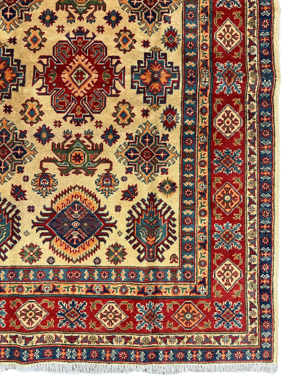 Afghan Kazak Rug 5x7, Gold, Red & Navy, Hand-Knotted Wool, view 3