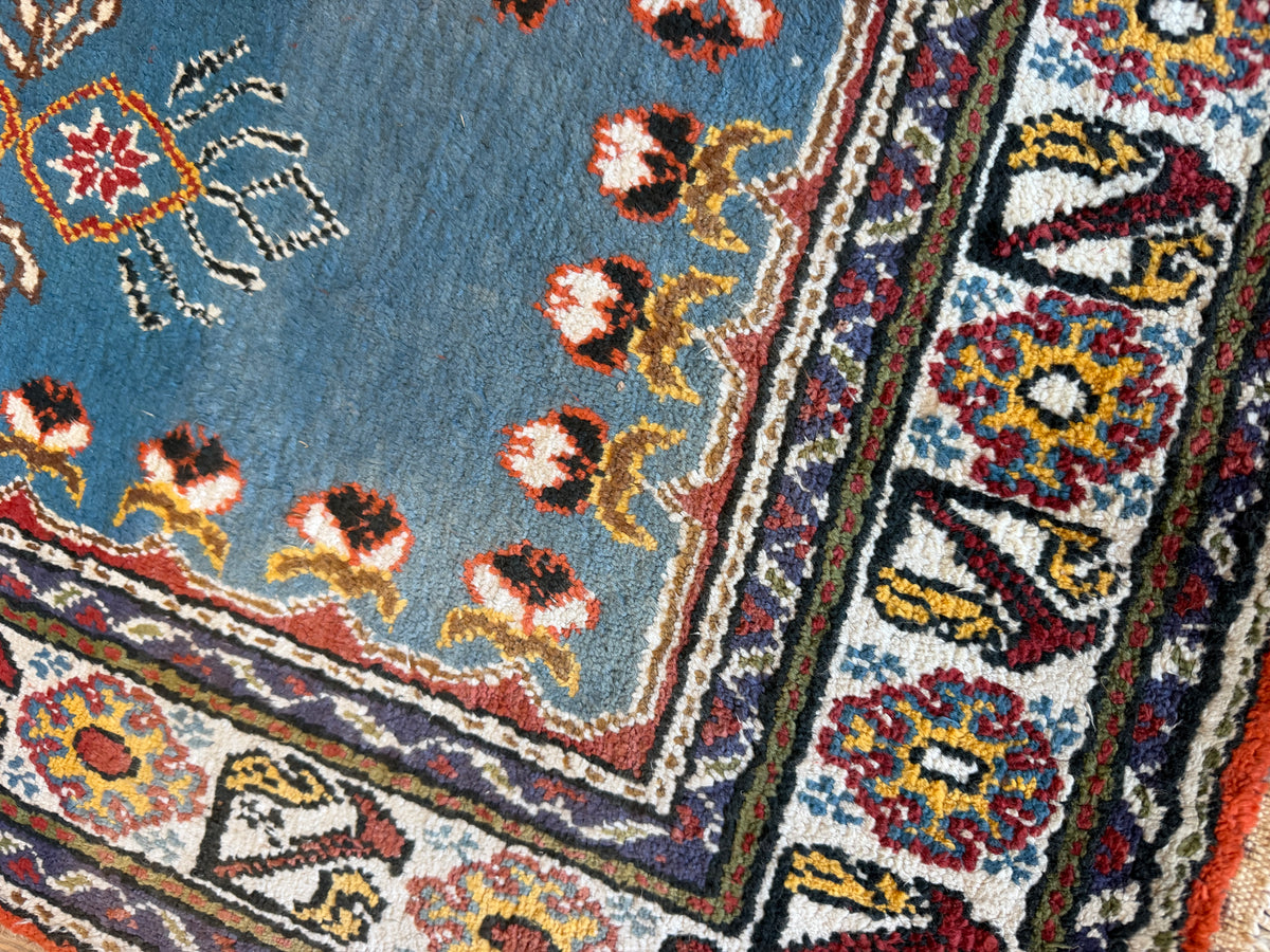 Turkish Kayseri Prayer Rug 2x2 | Blue, Ivory & Rust | Hand-Knotted Silk