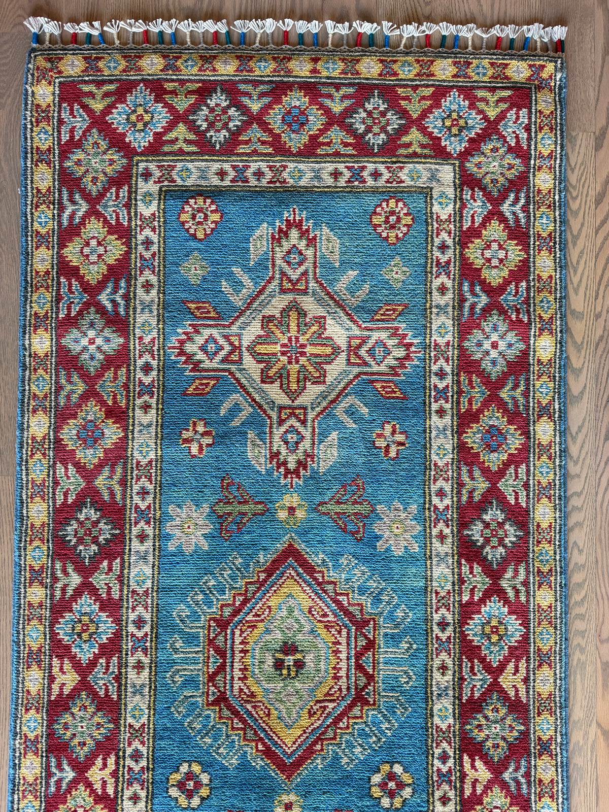 Afghan Kazak Hand-Knotted Wool Runner Rug - Sky Blue & Red