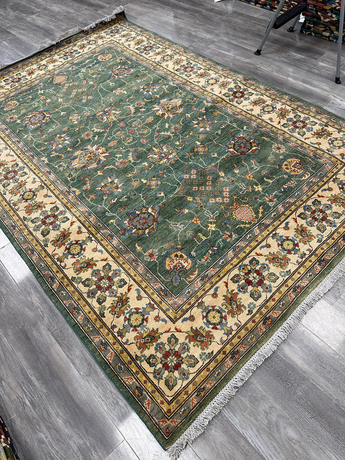 Afghan Kazak Sultani Rug 6'6" x 9'9", Hand-Knotted Wool, Cream & Green, view 5