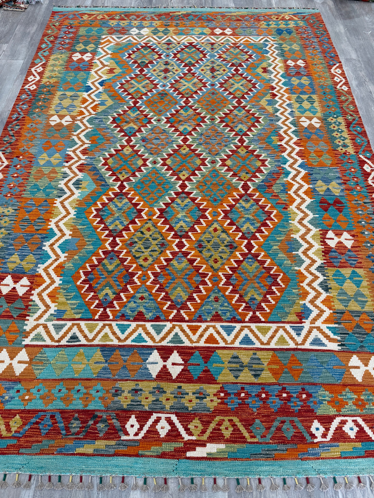 Afghan Kilim Rug 7x10, Rust, Teal & Orange, Hand-Woven Wool Flatweave, view 2