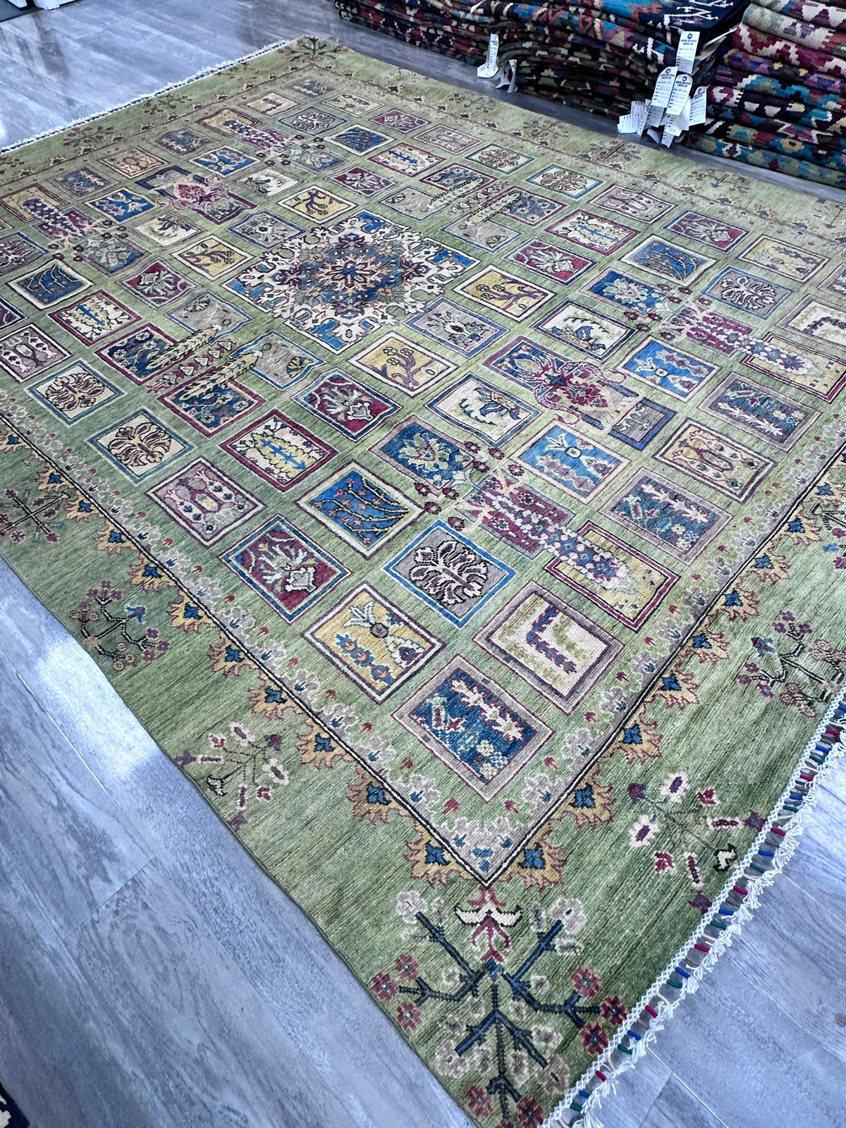 Afghan Kazak Rug 8x10, Green, Blue & Ivory, Hand-Knotted Wool, view 6