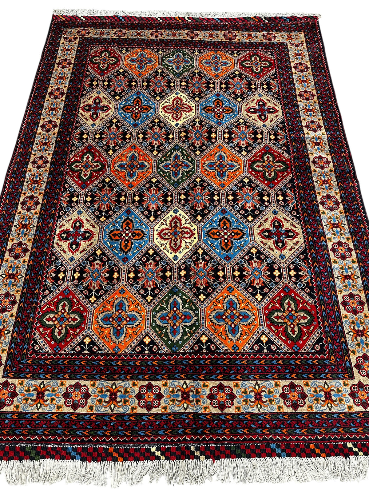 Afghan Kashi Rug 4'9" x 6'7", Hand-Knotted Wool, Blue, Cream & Red, view 3