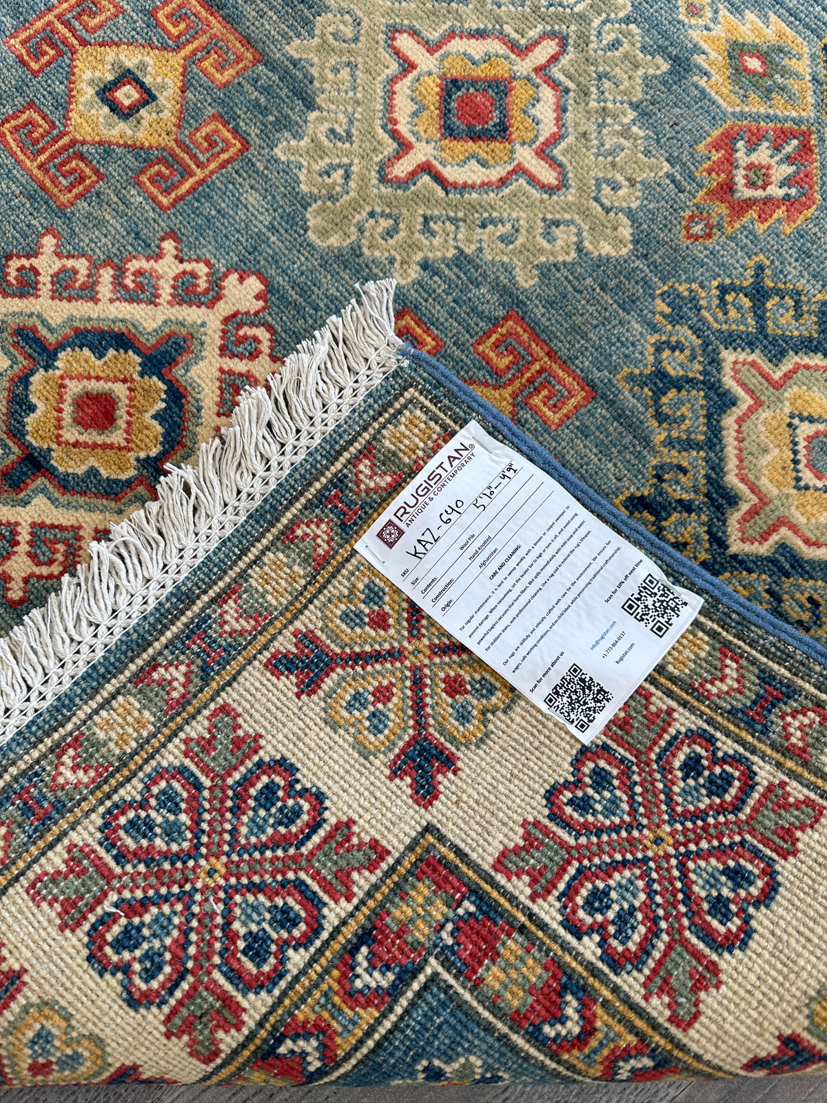 Afghan Kazak Stars Rug 4x6, Teal, Ivory & Red, Hand-Knotted Wool, view 5