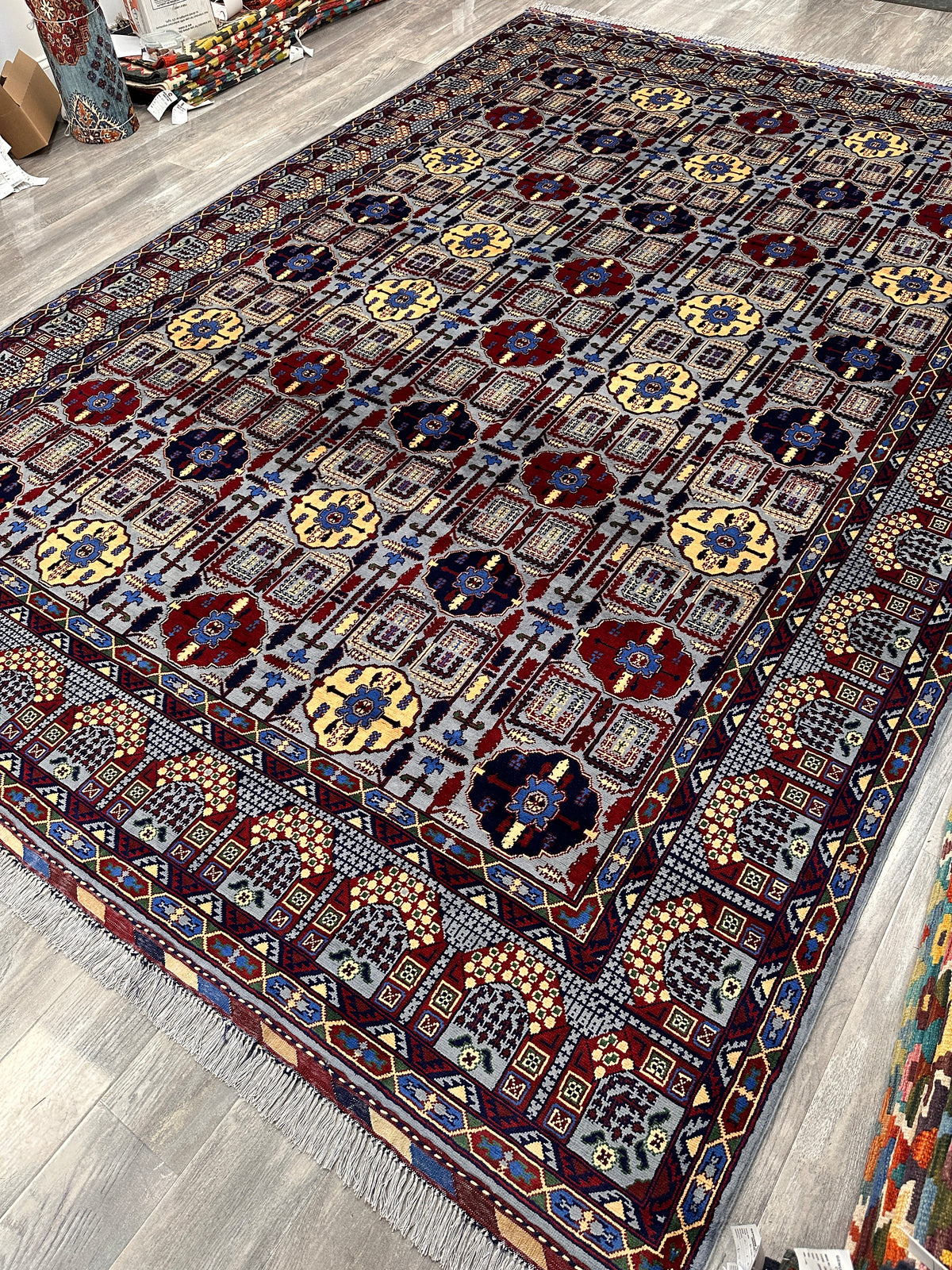 Afghan Gandom Rug 8'2" x 11'6", Hand-Knotted Wool, Red, Beige & Navy, view 8