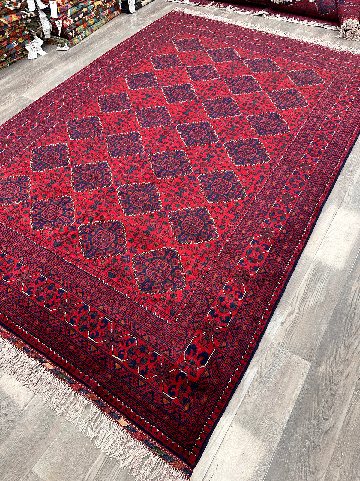 Afghan Khamyab Rug 6'8" x 10', Hand-Knotted Wool, Red, Navy & Black, view 4
