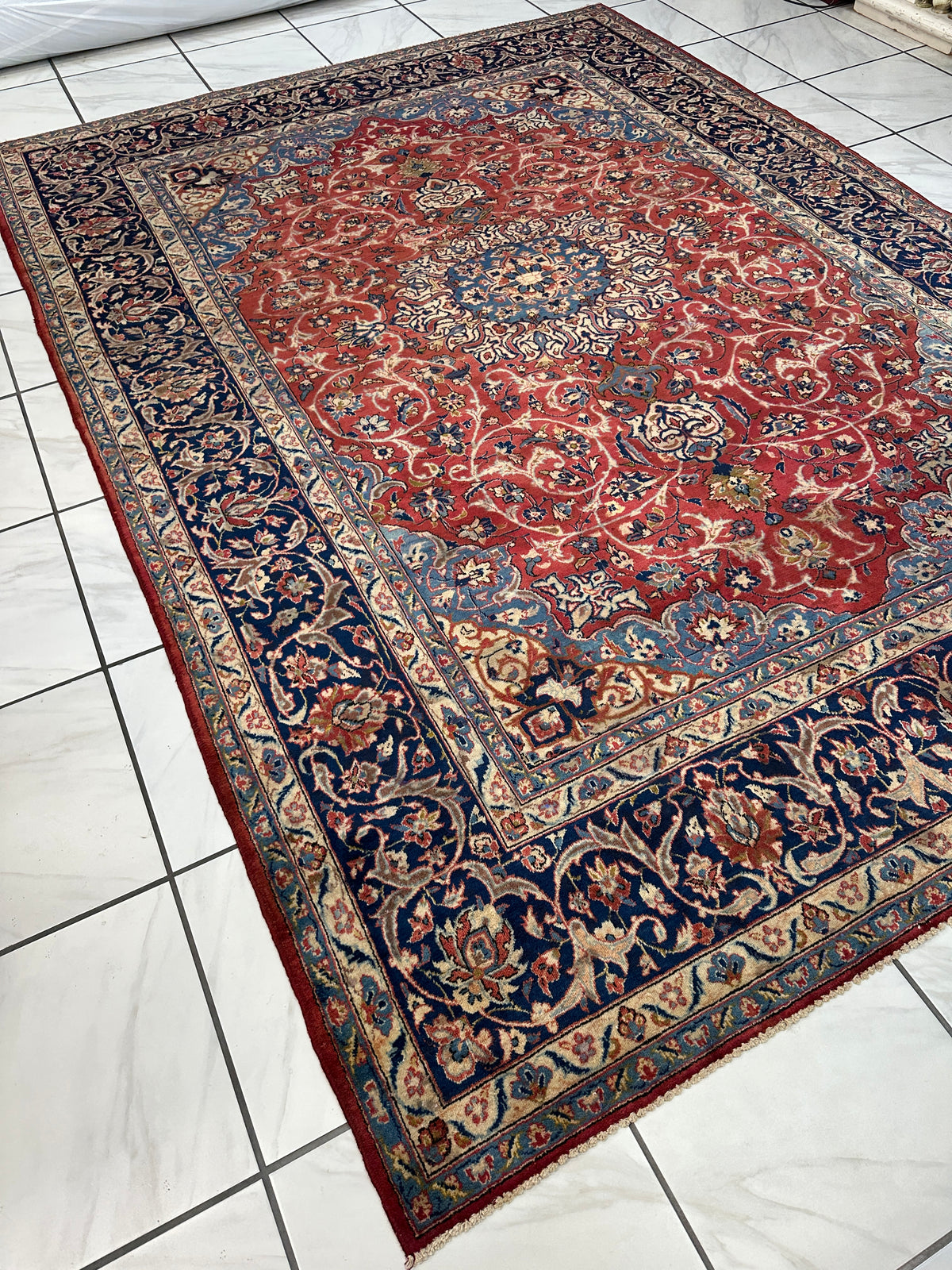 Vintage Persian Kashan Rug 8' x 11'3", Hand-Knotted Wool, Red & Navy, view 5