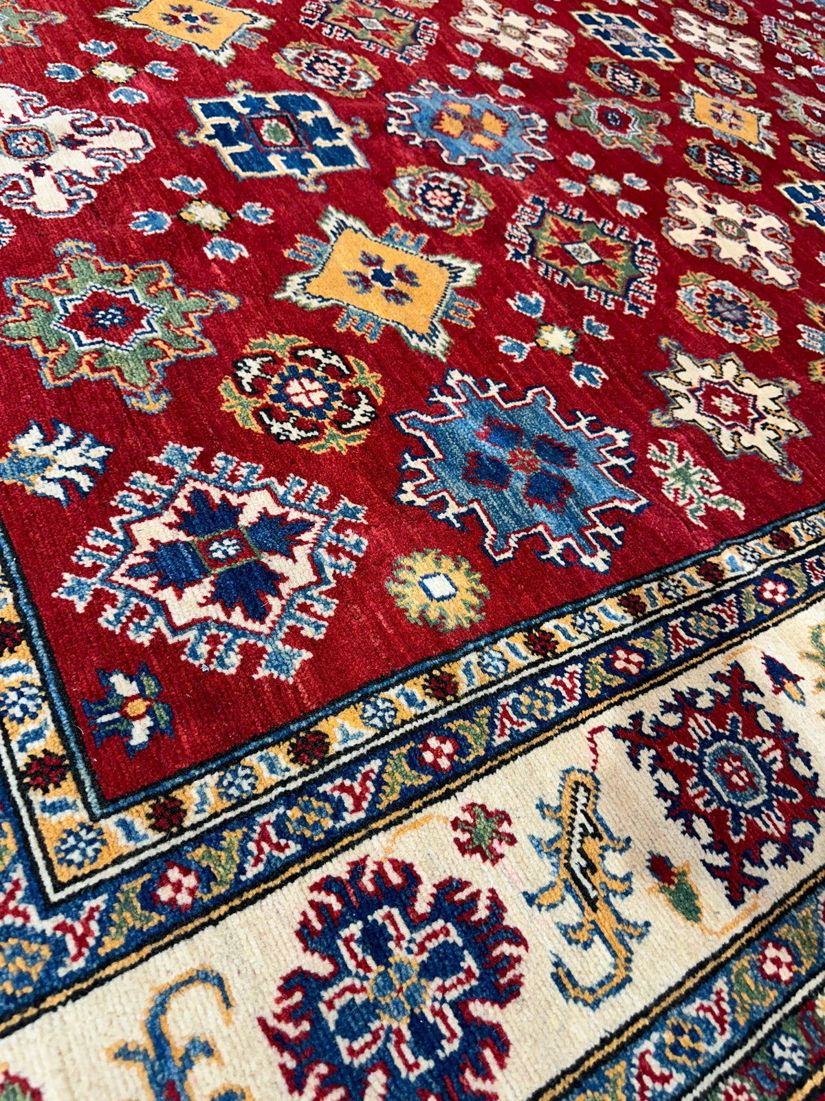 Afghan Kazak Stars Rug 7x10, Red, Ivory, Navy & Gold, Hand-Knotted Wool, view 2