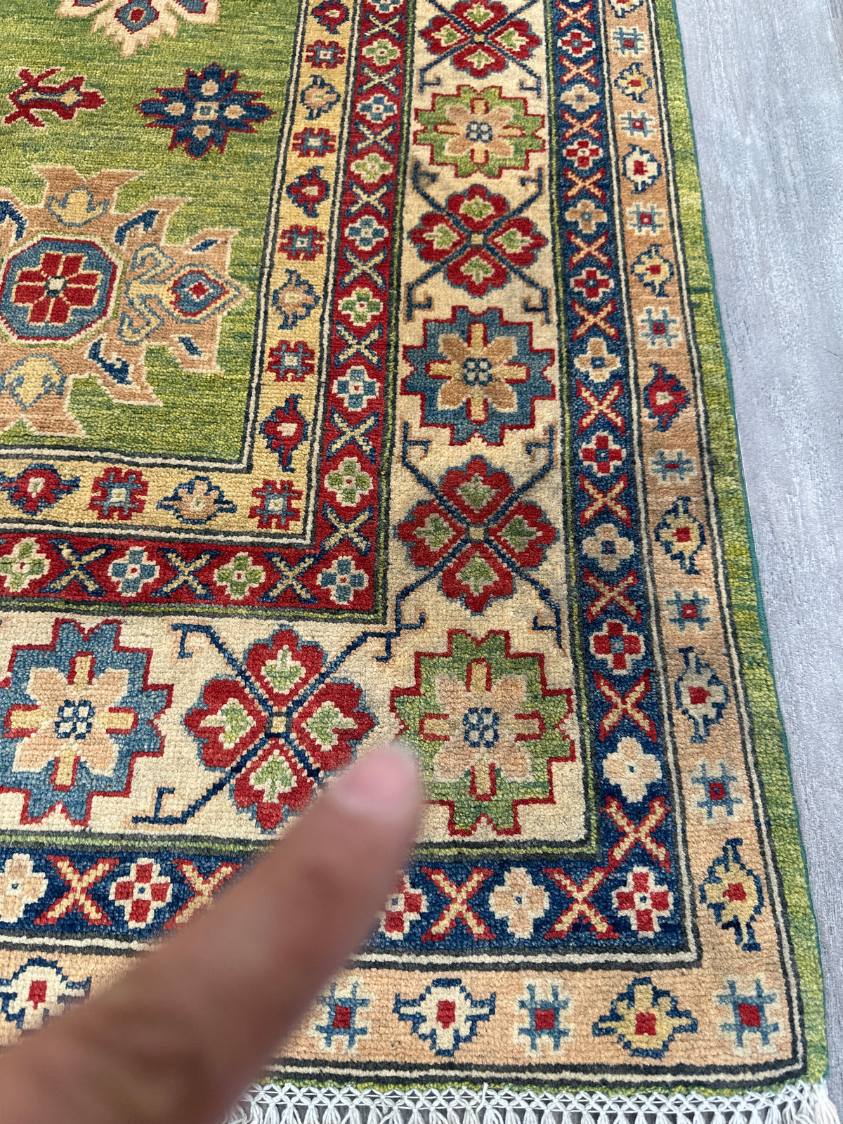 Afghan Kazak Rug 6'7" x 9'9", Hand-Knotted Wool, Cream & Green, view 8