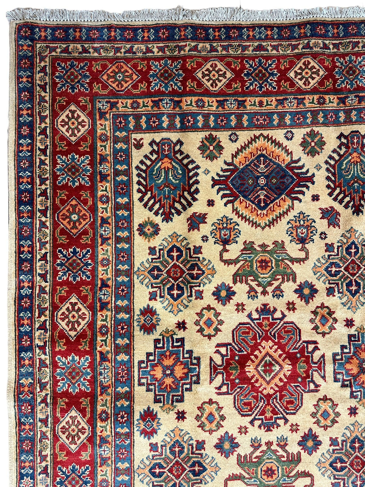 Afghan Kazak Rug 5x7, Gold, Red & Navy, Hand-Knotted Wool, view 5