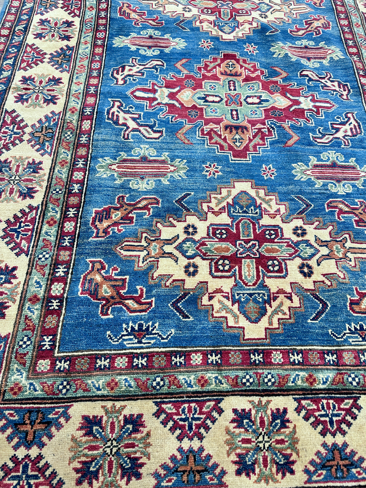 Afghan Kazak Rug 5' x 7', Hand-Knotted Wool, Blue & Red, view 4