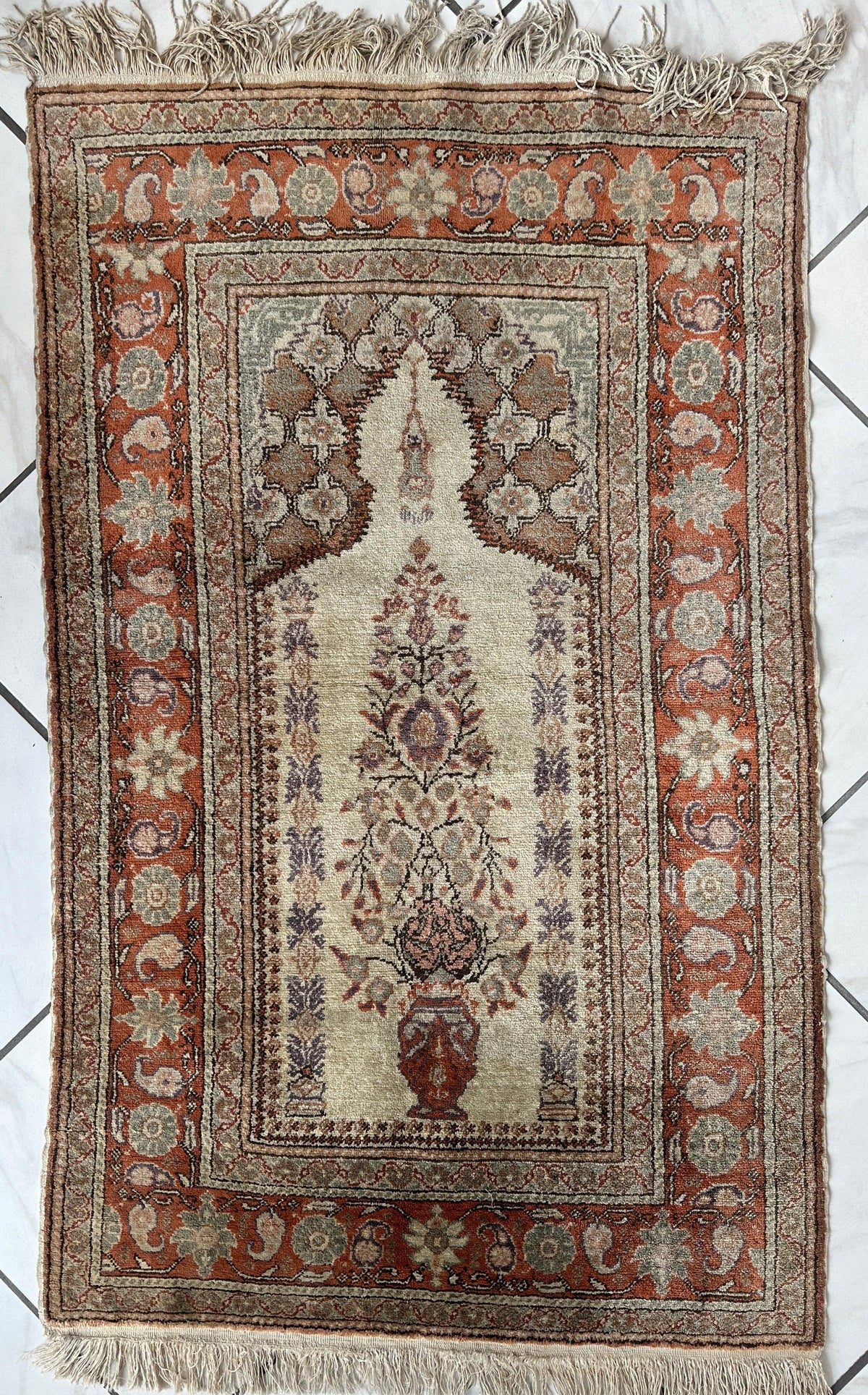 Vintage Turkish Kayseri Prayer Rug 3' x 5', Hand-Knotted Silk, 1970s