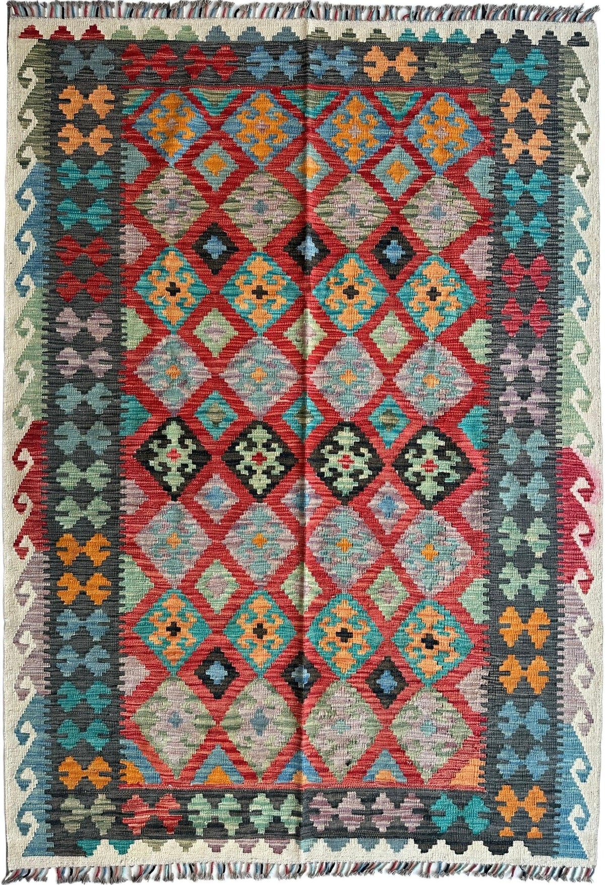 Afghan Chobi Kilim Rug 5'8" x 8', Hand-Woven, Cream