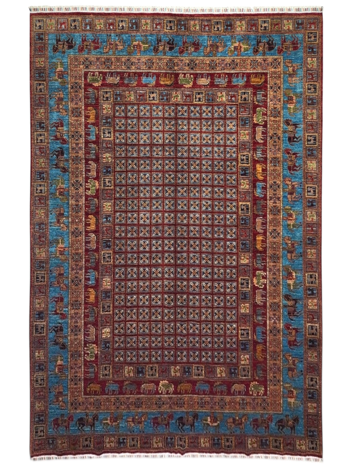 Afghan Gabbeh Rug 9x12, Rust, Light Blue & Red, Hand-Knotted Wool